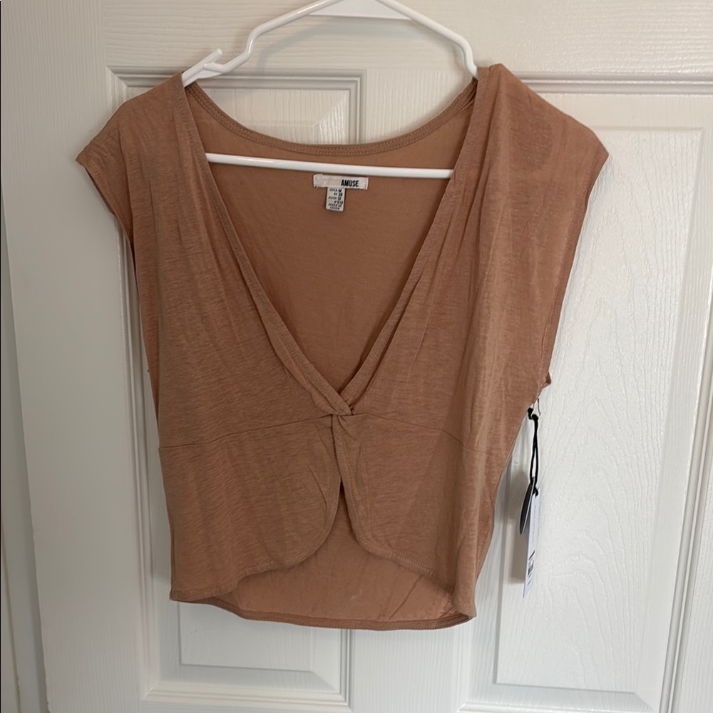Amuse Society Tan Cap Sleeve Tie Front Crop Blouse